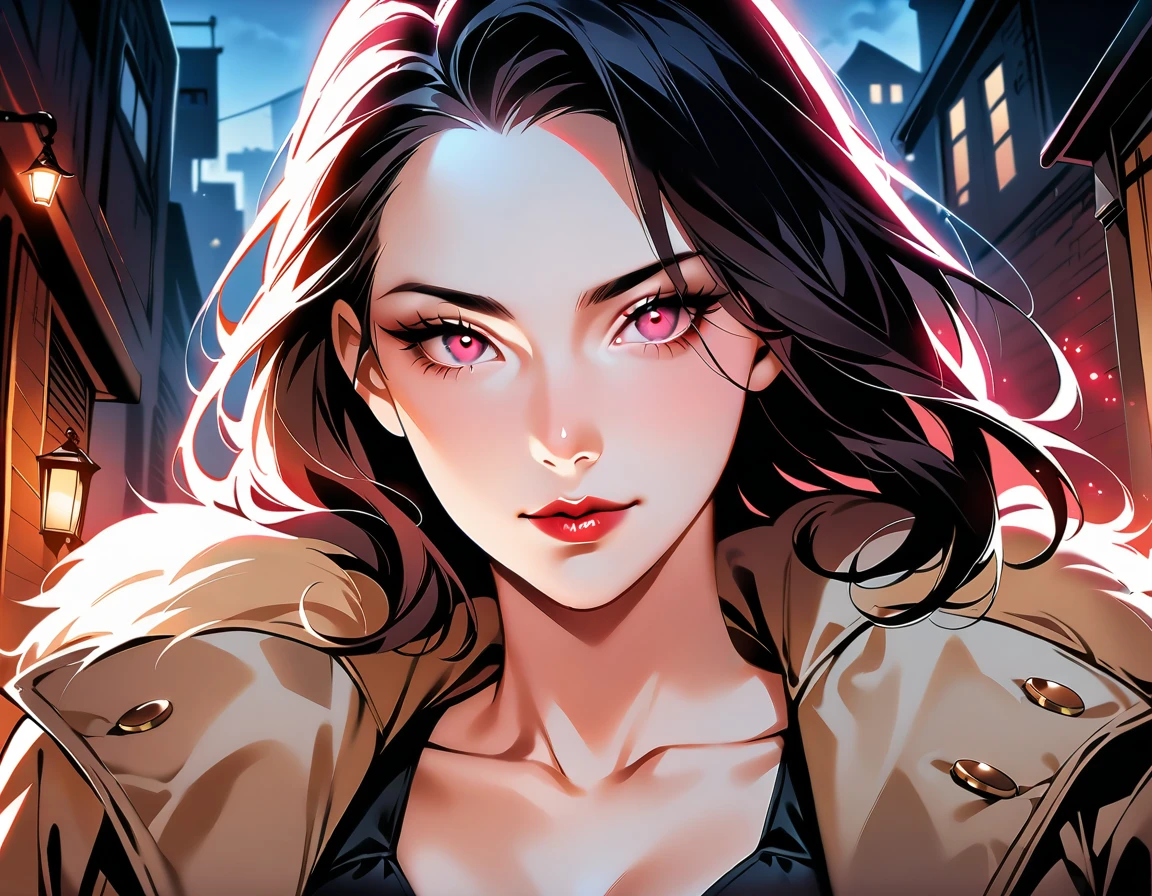 Close-up shot of a gritty alleyway at dusk. A rugged detective, sporting a scruffy beard and rumpled trench coat, stands tall opposite a stunning MILF femme fatale, exuding confidence and sensuality. The camera captures the intensity as their gazes lock, sparks flying between them. Her husky laugh sends shockwaves through his worn expression, while her curves seem to gleam under the dim lighting. In this high-contrast scene, good vs evil is starkly defined, with the femme fatale's radiant smile illuminating the darkness. Shot in 16k resolution, every detail pops, from the detective's tired eyes to the femme fatale's alluring charm., masterpiece, Realistic, raw photo, incredibly absurd resolution, absolute resolution, super high resolution,16k
