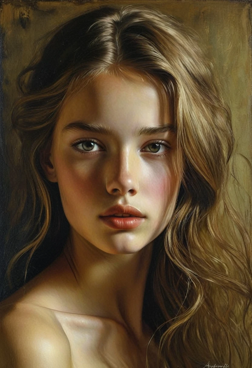 reserved teenage girl - creepypasta. in the style of Andrew Wyeth.Niko Anttila. Pinot Daeni, a mysterious modern vintage. perfect body anatomy. Beautiful face and look. style