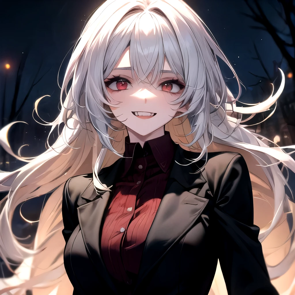 Black suit、Vampire Woman、forest、Big eyes、Shaggy hair、Red cheeks、White Hair、The mouth with its large fangs is impressive.、dark red eyes、night、Crazy smile、