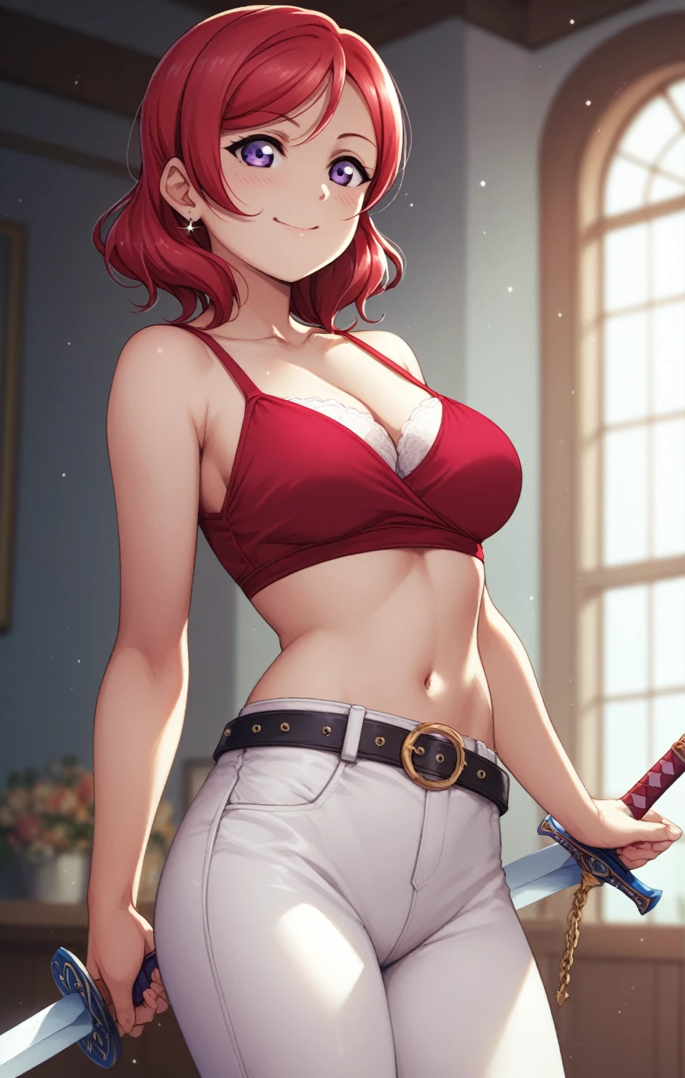 (Masterpiece, Best Quality, High Quality), Nishikino maki love live, Red hair, purple eyes,red tank top, white bra under clothes, white leather pants, thin black belt , cleavage , sword, cowboy shot