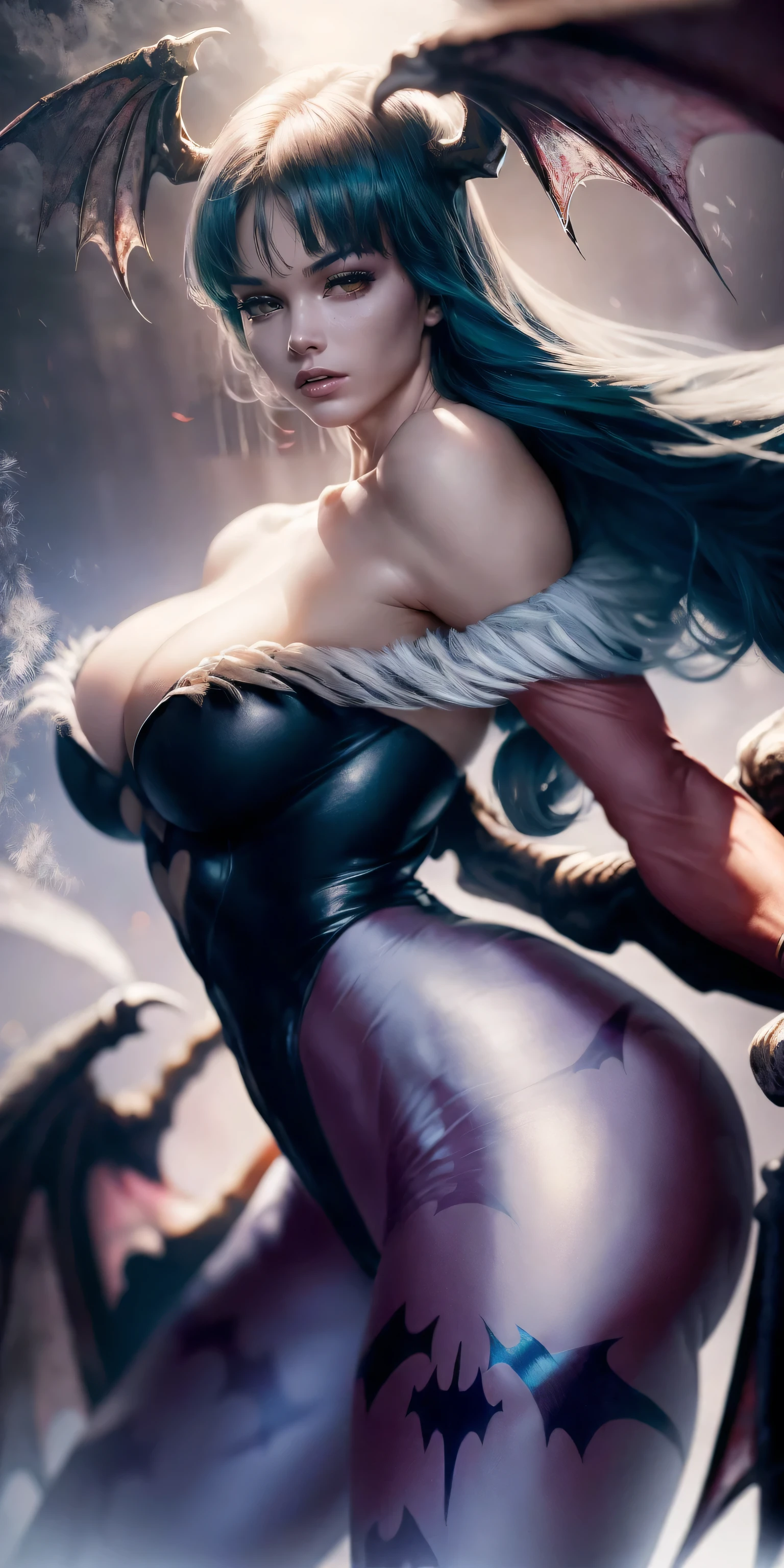(Best Quality,masterpiece:1.2),intricate details,beautiful detailed eyes,beautiful detailed lips,extremely detailed eyes and face,long eyelashes,dark stalkers_Lilith ModeSeven,super curves,comic style,vibrant colors,standing,innocent, Whole body, standing, smile with and big hips very close to the screen