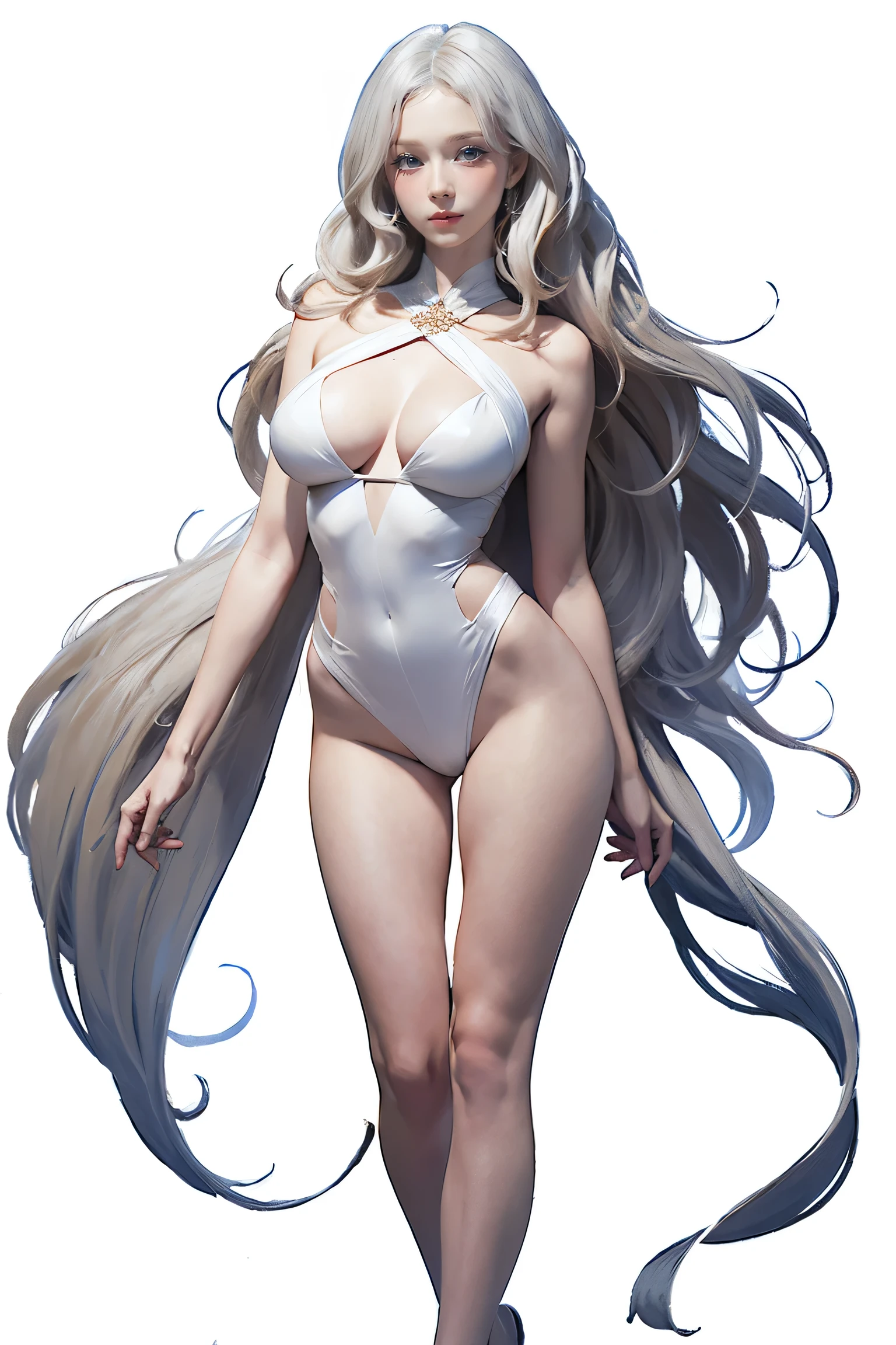 Master of animation, A perfect masterpiece, On a pure white background、Dressed in cool, sexy and modern clothes、Sexy mature modern woman standing, Flowing silver hair, Full Body Stand Posture, Thin legs, ((Large Breasts)), Detailed facial details, Natural and beautiful standing posture, Crisp and realistic body detail,(NSFW:0.8)