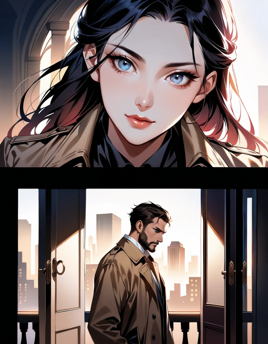 A close-up shot of the detective's rugged face, scruffy beard and all, as he confronts the stunning femme fatale. The lighting is dim, with only a faint glow from a nearby lamp illuminating their intense gazes. Her laughter echoes through the room, causing his eyes to widen in surprise, while her sultry smile seems to mock him. In the background, a cityscape at dusk casts long shadows, emphasizing the gritty atmosphere. Composition: the detective's rumpled trench coat and the femme fatale's sleek dress create a striking contrast. The air is thick with tension as these two polar opposites face off in a battle of wits., masterpiece, Realistic, raw photo, incredibly absurd resolution, absolute resolution, super high resolution,16k
