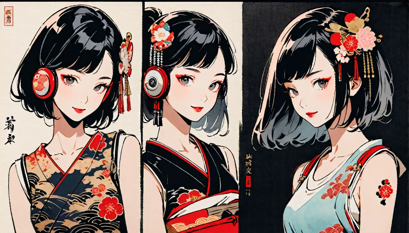 (((Ink Painting))), Fashion portrait color photos, (((twins))), (((Japanese pattern tank top))), (((Very flashy hair accessories))), (((Very flashy makeup))), Japanese style headphones, smile, front view, Japan人の美少女, Black Hair, Delicate and precise, Modern ukiyo-e style,Japan, Japanese flag