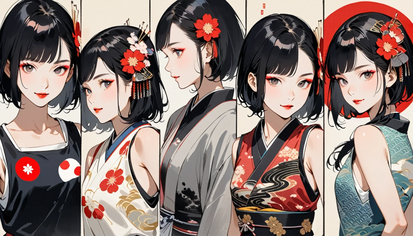 (((Ink Painting))), Fashion portrait color photos, (((twins))), (((Japanese pattern tank top))), (((Very flashy hair accessories))), (((Very flashy makeup))), Japanese style headphones, smile, front view, Japan人の美少女, Black Hair, Delicate and precise, Modern ukiyo-e style,Japan, Japanese flag