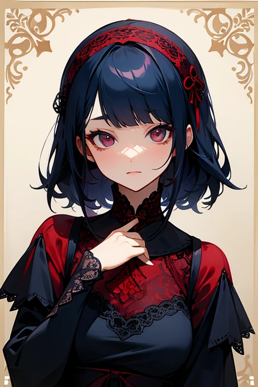 Red and navy lace dress、cute、Villainess、head band、Excellent、
