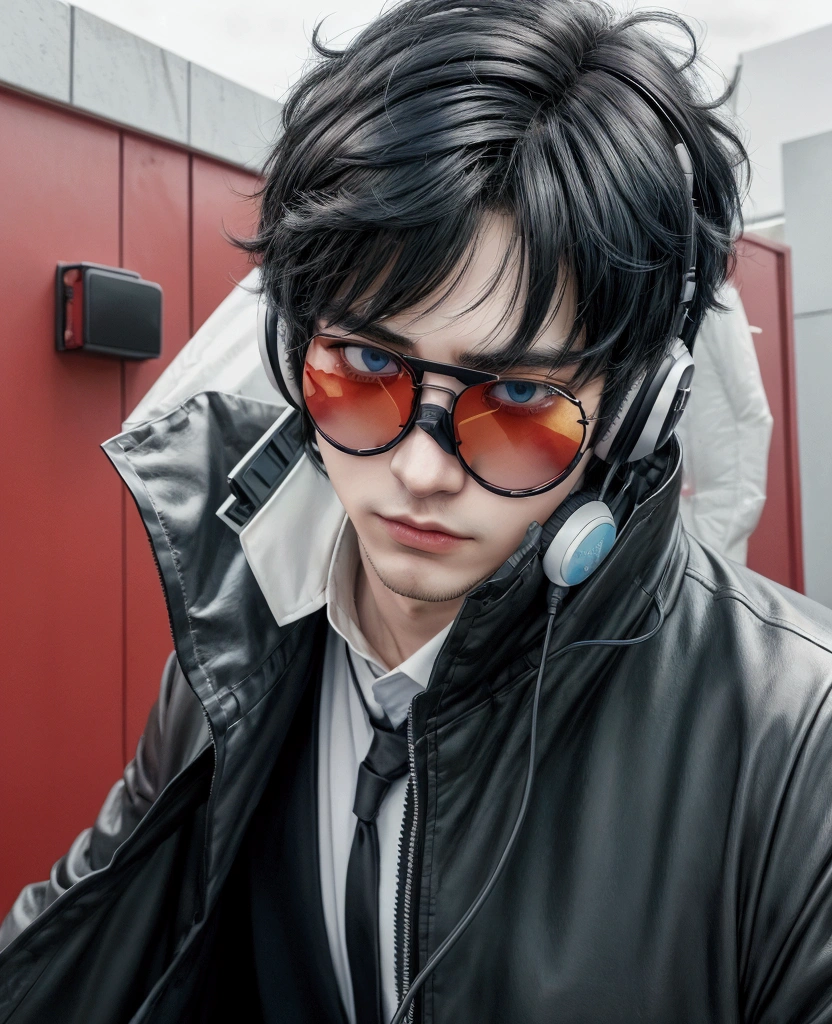 anime boy with sunglasses and a cell phone in his hand, high quality fanart, with headphones, male anime style, kentaro miura manga art style, handsome anime pose, very modern anime style, tall anime guy with blue eyes, he wears an eyepatch, in an anime style, he has headphones, anime handsome man, manga style of kentaro miura