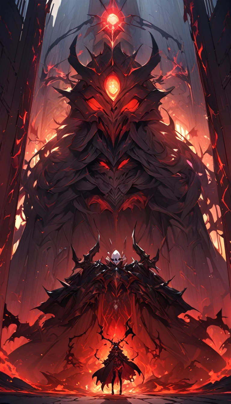 (Highest quality、High resolution、8k、mysterious、masterpiece:1.2)。Gatekeeper of Hell。A masked gatekeeper stands in front of a gate that radiates an evil aura.。She's curvy yet slender。Beautiful lighting created by light and shadow。That's pretty detailed.。No Face。Dark skin and glowing eyes。A long white scarf around her neck fluttering in the wind。Aggressive fighting stance。Divinity。Aura overflowing。The bandages are fraying。original character。1 girl、solo、Super long hair、Black and purple tattered coat、White Shirt、Black Skirt、Long socks、sf、Mechanical Giant Scythe、Black mechanical arm、肩に背負ったMechanical Giant Scythe