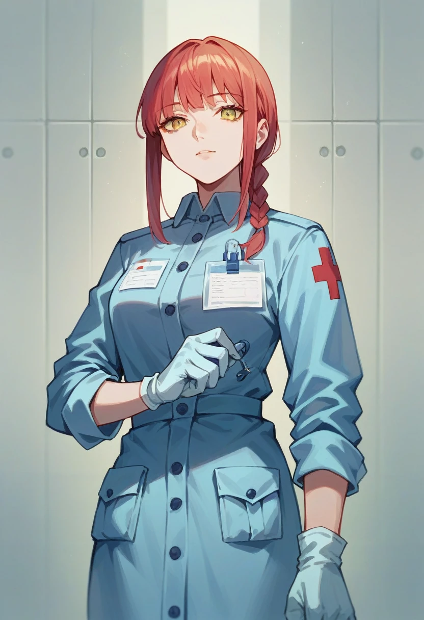 1girl, makima, ((blue medical gloves)), (paramedic uniform), ((long sleeves)), looking at viewer, standing, solo