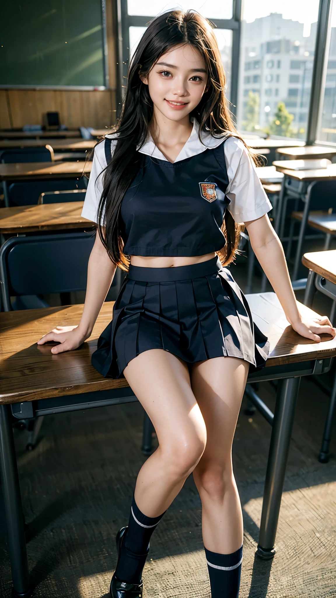 Highest quality, masterpiece, Ultra-high resolution,8k, (Realistic:1.6), (Portrait of a school classroom illuminated by the setting sun:1.4)),((Sitting at a desk smiling and chatting with friends)),Slim Body,((Brainstorming Photo:1.2)),RAW Photos,((Smiling with teeth showing)),((Navy blue sailor suit,mini skirt,Below the knee socks)),((Cute face)),Slim 18 year old adult female ,((Jet black straight long hair)),Face Focus:1.4,