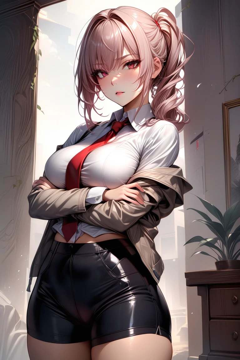 masterpiece, best quality, rating: general, solo, 1girl, makise kurisu, expressionless, crossed arms, jacket, off shoulder, collared shirt, red necktie, black shorts, pantyhose, legwear under shorts 