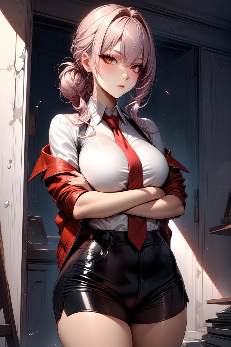 masterpiece, best quality, rating: general, solo, 1girl, makise kurisu, expressionless, crossed arms, jacket, off shoulder, collared shirt, red necktie, black shorts, pantyhose, legwear under shorts 