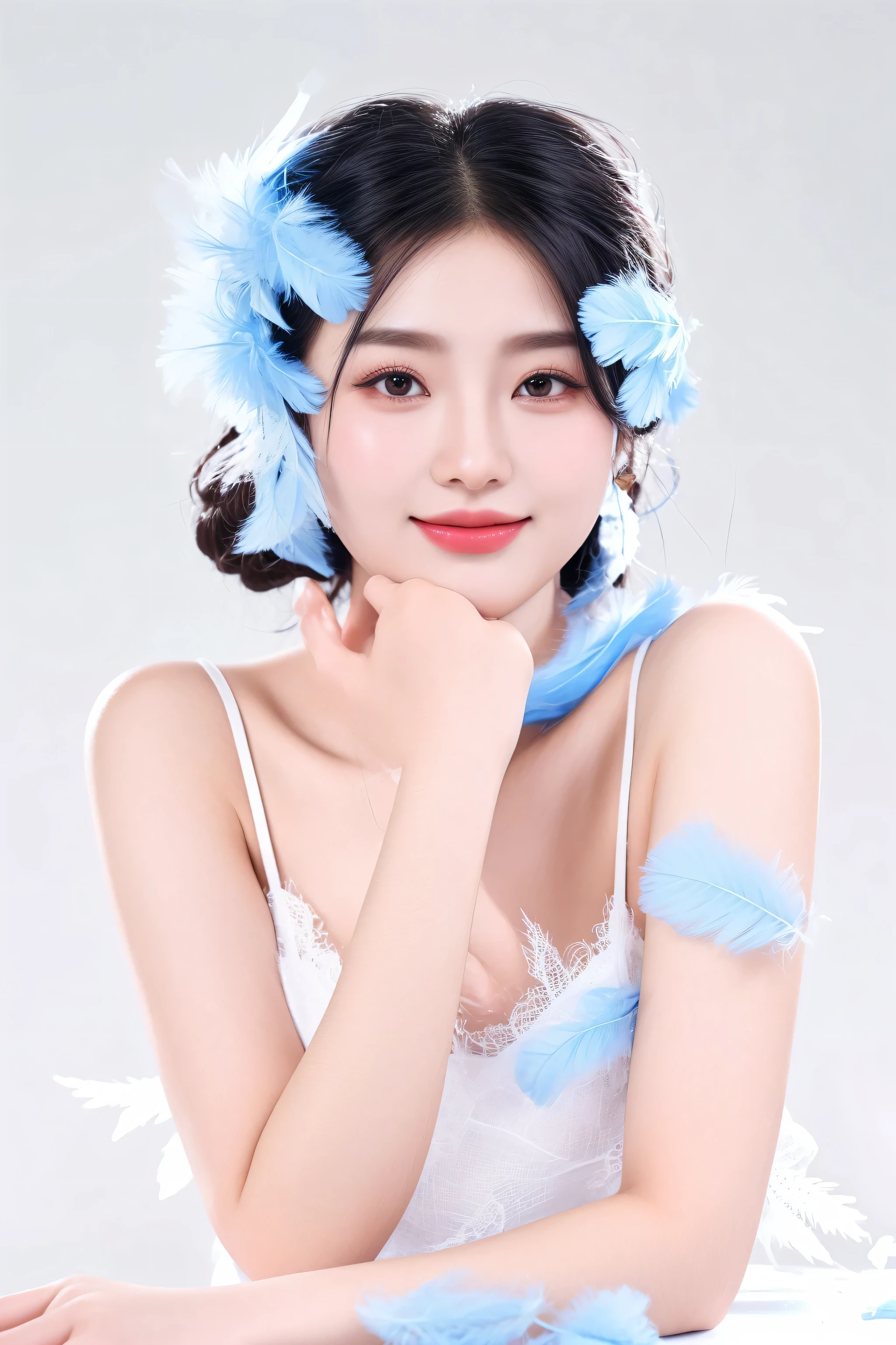 arafed woman in a white dress with blue feathers on her head, beautiful young korean woman, gorgeous chinese model, beautiful south korean woman, chengyou liu, gorgeous young korean woman, young cute wan asian face, chinese girl, girl with feathers, wenfei ye, xintong chen, yun ling, close - up studio photo, chinese woman
