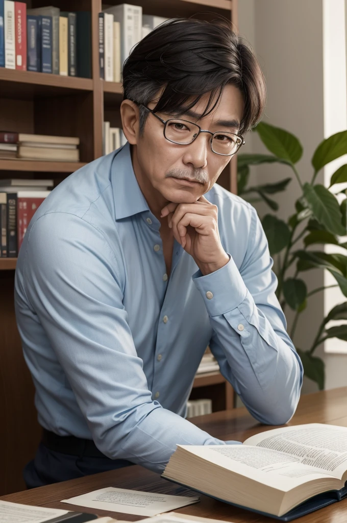 Image of an ultra realistic 55 year old South Korean man with a wiser face in the scene sitting at the table with a book in his hand in his home office with a bookshelf with books and plants behind without cutting his body