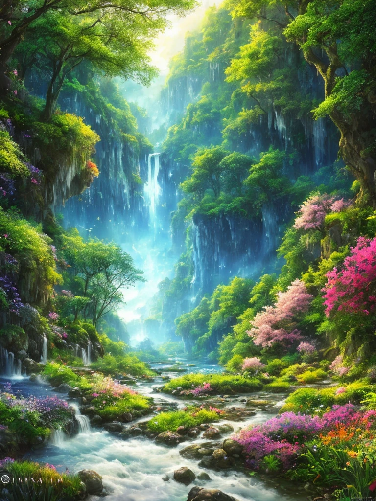 masterpiece, 最high quality, high quality,Very detailed CG unity 8k wallpaper, Enchanting and dreamy fantasy forest scenery, Seven-Colored Garden, Valley of the Fairies with a River Flowing Through It, Mysterious and fascinating, Sky Blue Sky, White dove flies, Complex, sunset, pastel colour, Award-winning photography, Written boundary depth, High resolution, bloom, chromatic aberration ,Realistic,Very detailed, White cloud, Trending on CGSociety, Complex, Attention to detail, dramatic, art:The middle of a journey
