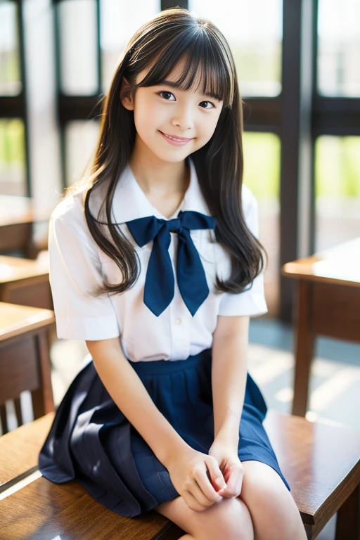 (((masterpiece))), (((Full body photo,Full-body display)))， (Beautiful Japanese Girl, Innocence，cute) ，Ultra-high resolution, Realistic, Ultra-detailed, 8k,Highest quality, Very detailed, Detailed Background,Slender,とてもBeautiful Japanese Girl, Detailed face:1.3), (Fluffy long hair,Black hair tied with a ribbon :1.4), (Baby Face，cute系,Adorable 12 year old girl), (Perfect body:1.1),，Cute Smile:、show me your beautiful teeth、非常にDetailed face、Detailed lips、Detailed eyes、 gravure idol，Clear Skin、Realistic:1.37，No makeup，Neutral lighting,(Highest quality, masterpiece), (One girl, school uniform,Navy blue dress,Neck ribbon,View your viewers, Mouth closed,),Pose to be pampered,In the classroom，Bright lighting