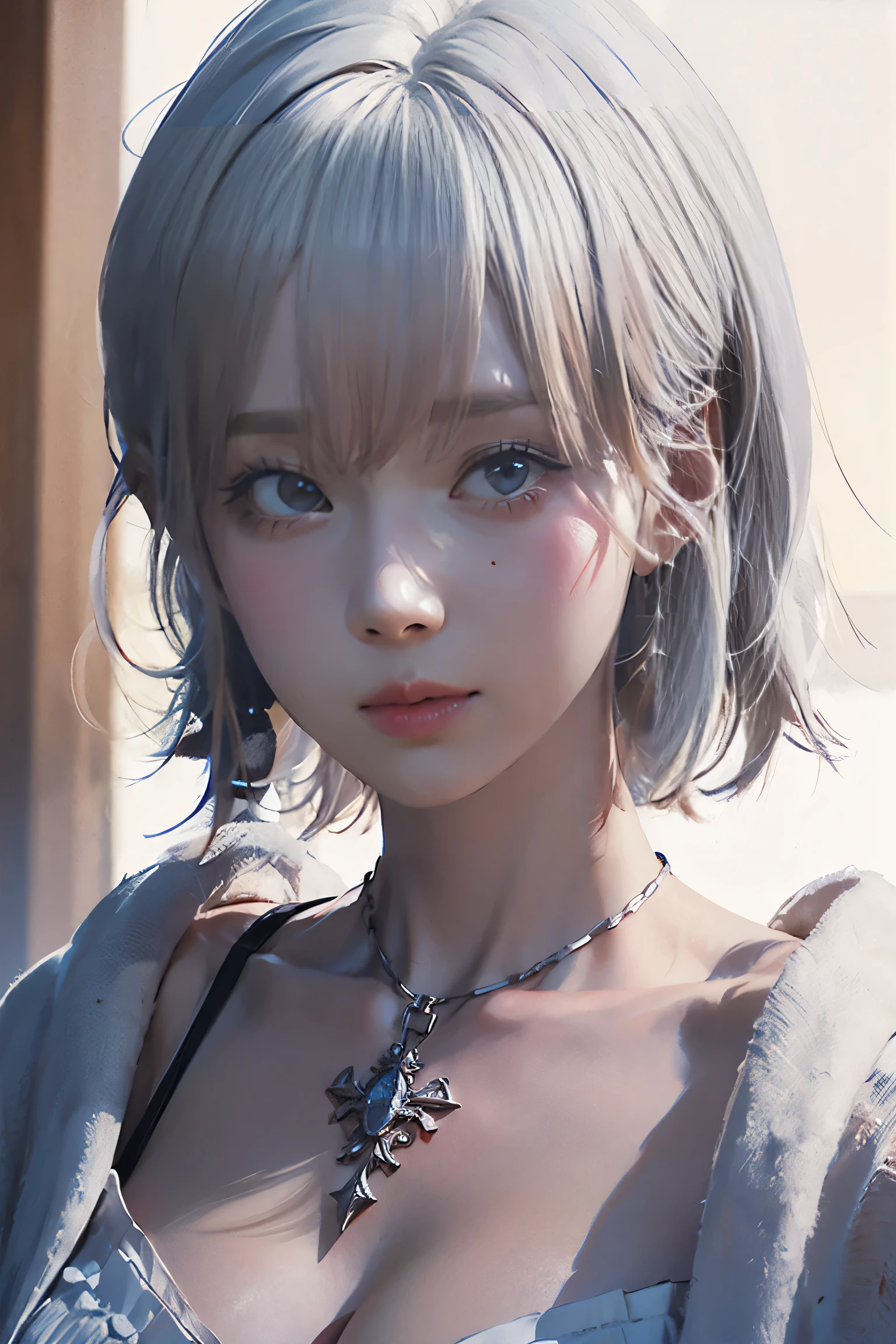 ((Close-up of a woman with tattoos on her chest)), girl, ((Short white hair with bangs, Black strands of hair)), Purple eyes, White T-shirt and white cape, Pendant around the neck. 超High resolution.Photorealistic. 超High resolution.Photorealistic:1.4,超High resolution. Realistic,High resolutionで, masterpiece, Highest quality, Very detailed, Better Shadows, Volumetric lighting), super high quality, High resolution, 8k, Ultra-Realistic Portraits , Photorealistic, Dynamic Lighting, Volumetric lighting, Very detailed顔,