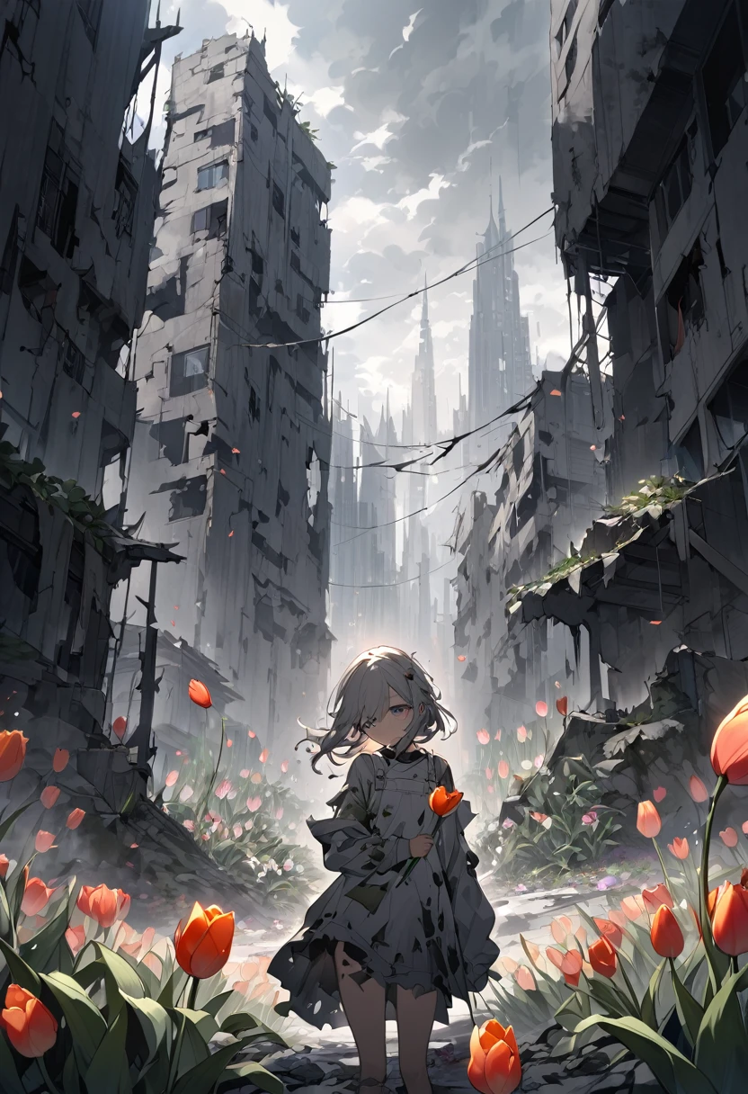 Young woman trying to touch a tulip flower, Create a dystopian landscape scene featuring a desolate, crumbling cityscape under a perpetually overcast sky. The air is thick with dust, and the skeletal remains of buildings dominate the background. In the foreground, a single vibrant tulip plant with one delicate flower grows from the crevice of a damaged building, standing out in striking contrast against the gray environment.A young girl in tattered clothing stands before the tulip, her face a mix of sadness, happiness, and surprise. Her wide, wonder-filled eyes reflect the bright color of the flower. She reaches out with trembling fingers, cautiously attempting to touch the petals. The overall atmosphere should evoke a sense of hope and despair, highlighting the beauty and fragility of life in a broken world