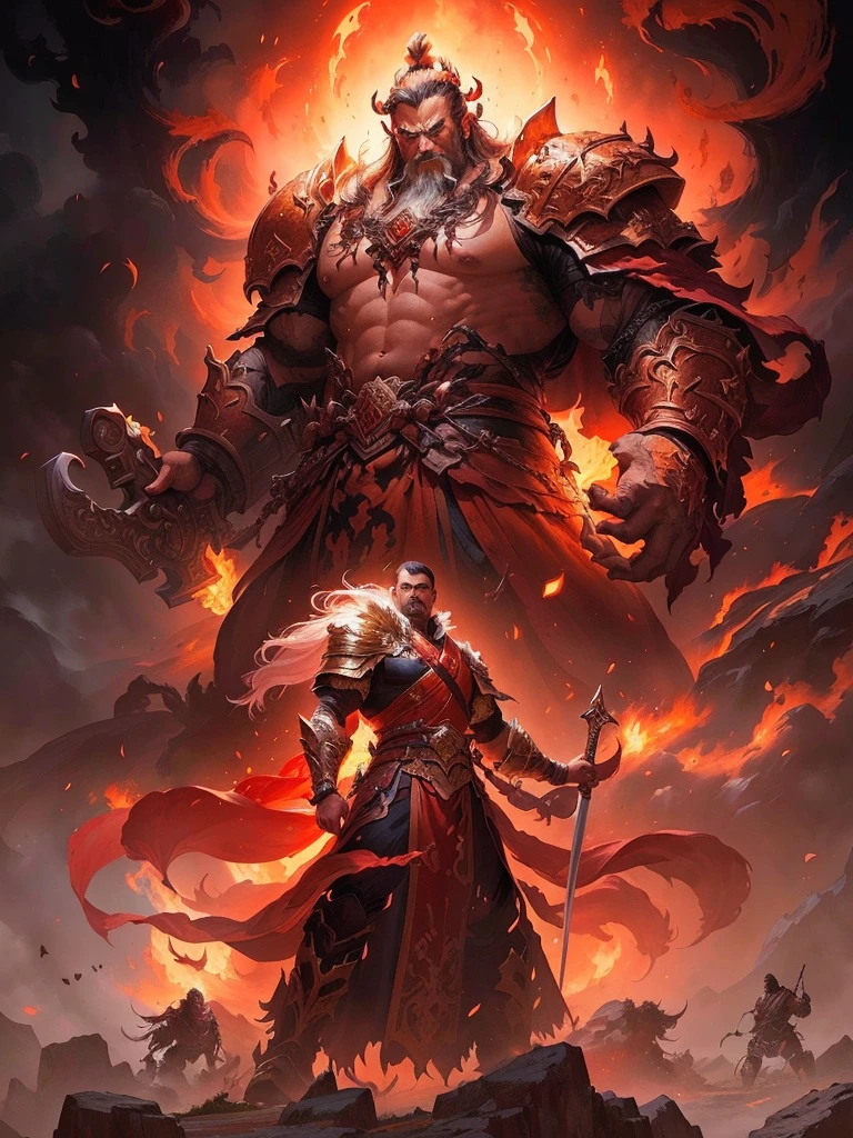 A painting，A man holding a sword，With a mountain demon, Fire Giant, Jeff Easley 和 Ross Tran, author：Yang J, Epic fantasy illustrations, Ruler of hell, James Gurney 和 Andreas Rocha, muscled humanoid Balrog demon, author Ryan Yee, epic fantasy artwork, Balrog, author：Alexi Brillot, author：Yang Jin