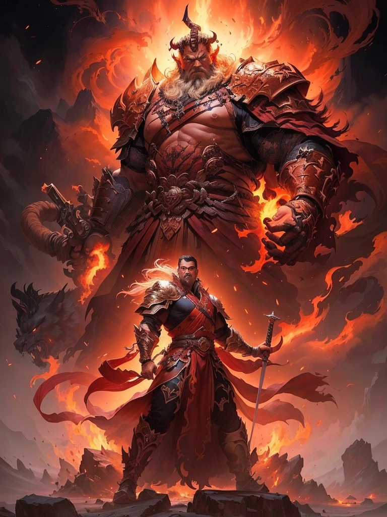 A painting，A man holding a sword，With a mountain demon, Fire Giant, Jeff Easley 和 Ross Tran, author：Yang J, Epic fantasy illustrations, Ruler of hell, James Gurney 和 Andreas Rocha, muscled humanoid Balrog demon, author Ryan Yee, epic fantasy artwork, Balrog, author：Alexi Brillot, author：Yang Jin