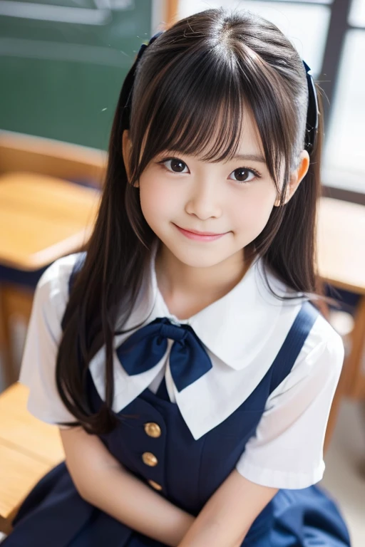(((masterpiece))), (((Full body photo,Full-body display)))， (Beautiful Japanese Girl, Innocence，cute) ，Ultra-high resolution, Realistic, Ultra-detailed, 8k,Highest quality, Very detailed, Detailed Background,Slender,とてもBeautiful Japanese Girl, Detailed face:1.3), (Fluffy long hair,Black hair tied with a ribbon :1.4), (Baby Face，cute系,Adorable 12 year old girl), (Perfect body:1.1),，Cute Smile:、show me your beautiful teeth、非常にDetailed face、Detailed lips、Detailed eyes、 gravure idol，Clear Skin、Realistic:1.37，No makeup，Neutral lighting,(Highest quality, masterpiece), (One girl, school uniform,Navy blue dress,Neck ribbon,View your viewers, Mouth closed,),Pose to be pampered,In the classroom，Bright lighting