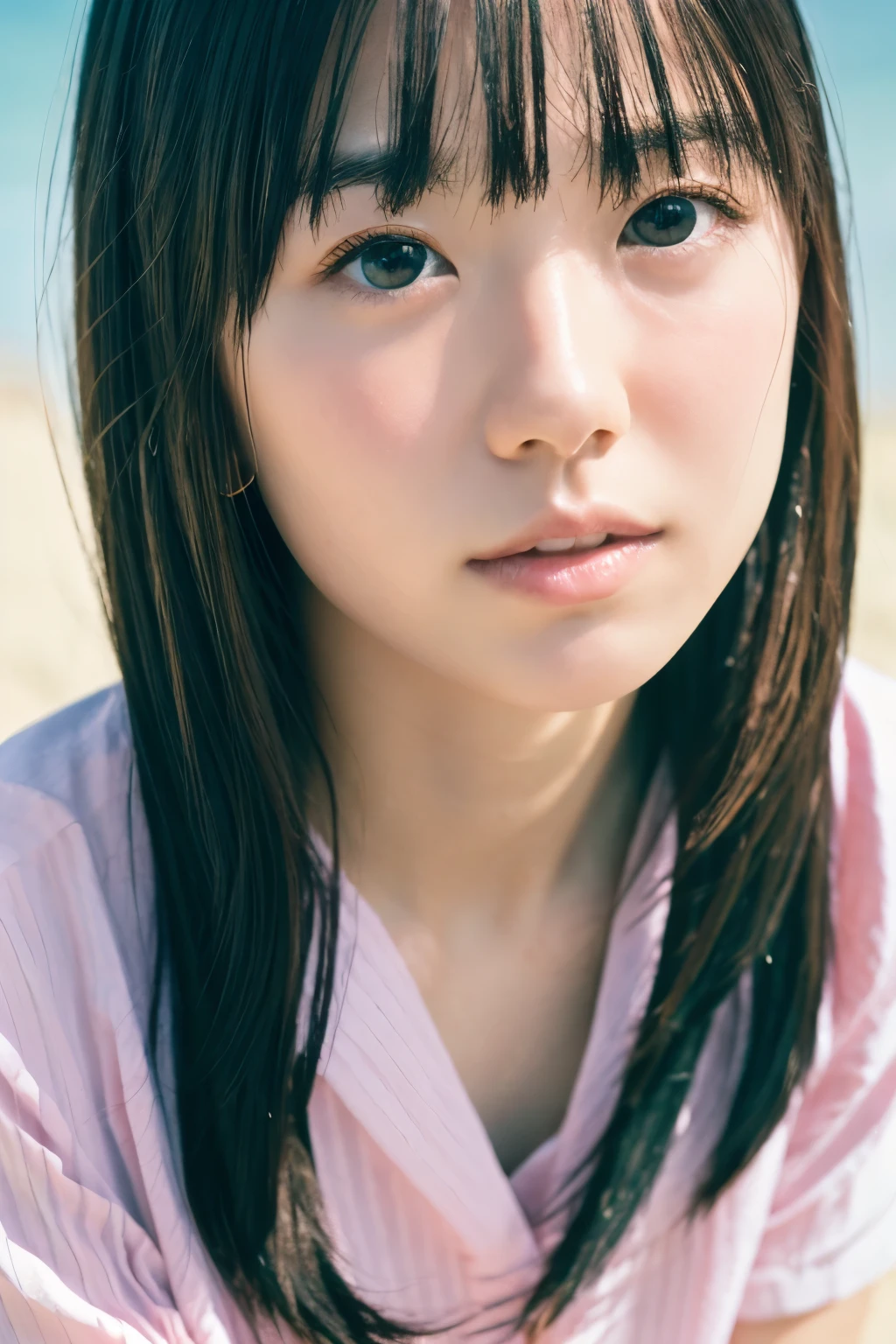 8k, highest quality, masterpiece, super high resolution, (realistic:1.4), RAW Photos, (Film Grain:1.3), One Girl, portrait of a skinny Japanese woman, 30 years old, standing on the beach, a cute face, detailed face, detailed eyes, {short|long} hair, correct body anatomy, photogravure