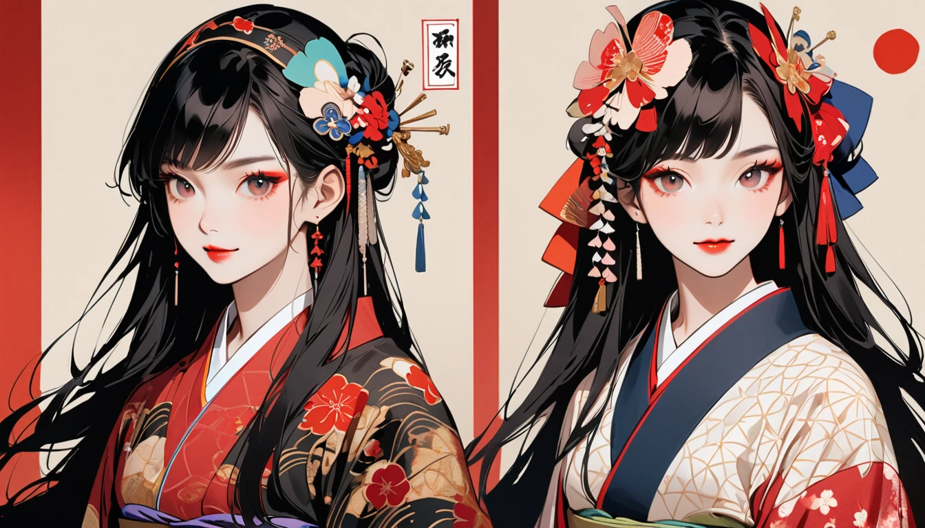 (((Ink Painting))), Fashion portrait color photos, (((twins))), (((Japanese patterned kimono))), (((Very flashy hair accessories))), (((Very flashy makeup))), Japanese style headphones, smile, front view, Japan人の美少女, Black Hair, Delicate and precise, Modern ukiyo-e style,Japan, Japanese flag