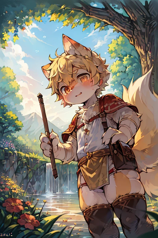 masterpiece,high quality,abstract res,number\(artwork\), From dagasi, Yes,Seizan,(Flower Charcoalo,Fluffy fur,character focus:1.1),Flower Charcoalo male cat,short hair,portrait , Bright eyes, panoramic, character focus.(Detailed background:0.7), 独奏, hairy, hairy male, Male focus, Masterpiece of time,high quality,abstract res,number\(artwork\), From dagasi, Yes,Seizan,(Flower Charcoalo,Fluffy fur,character focus:1.1),Human male fox，Bright eyes, panoramic, character focus.(Detailed background:0.6）, 独奏, hairy, hairy male, Male focus, Flower Charcoal,(Hairy all over, Hairy tail）fur，A five-year-old boy，cute，Hip bulge，Toddler，Blood-red pupils，A tail with a white tip，The ends of the limbs are white，Cute meat pads，Claw，cute boys，The ear tips are orange，Big hairy ears，Hairy big tail，Reasonable composition，Pale yellow hair，adventurer clothing，Brown cloth bag，In the woods，Extremely fine water，White loincloth，Slightly reddened，Dress coolly，Blonde short hair，Thin children，Blonde hair，cute child，cute little adventurer，Be open-minded，Ultra-clear。