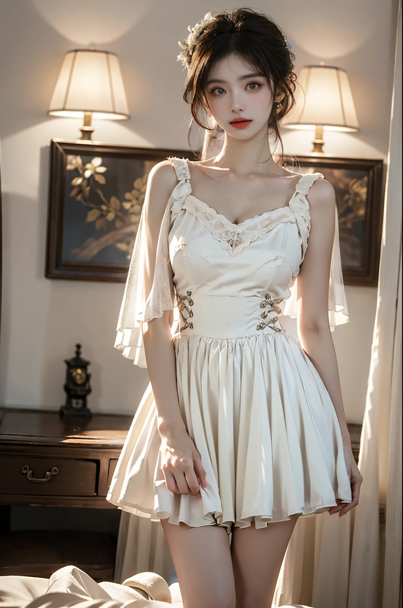 white dress ((1 girl, Elegant posture)), Natural leg proportions, Visible cleavage, masterpiece, (best quality, 4K, 8K, high resolution, masterpiece:1.2), Extremely detailed, (Practical, photoPractical, photo-Practical:1.37), Official Art, CG, Anatomically correct, Random Scenes, Random shooting angle, Movie, photography, Intricate background, Soft lighting, Subtle shadows, Vibrant colors, Expressive eyes, Beautiful, high class boutique, Ambience, A moment of honesty, Natural expression, Detailed texture, Fine details, Refined and elegant, Exquisite style, Artistic Composition, Beautifully presented.