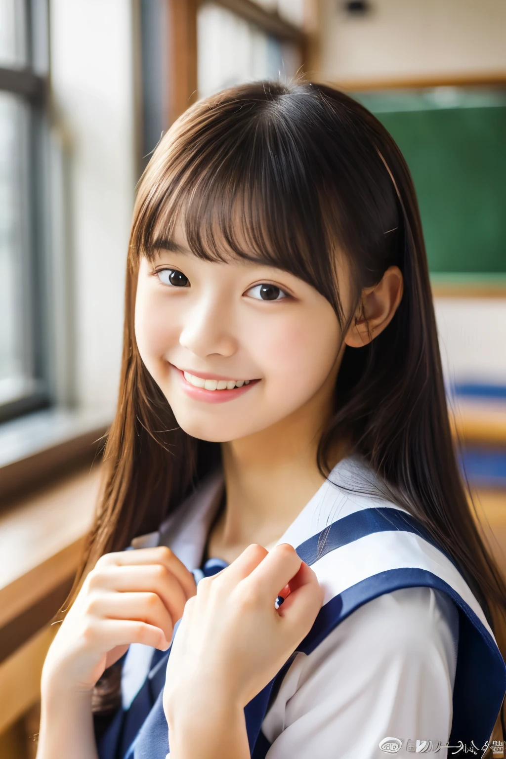 (((masterpiece))), (((Full body photo,Full-body display)))， (Beautiful Japanese Girl, Innocence，cute) ，Ultra-high resolution, Realistic, Ultra-detailed, 8k,Highest quality, Very detailed, Detailed Background,Slender,とてもBeautiful Japanese Girl, Detailed face:1.3), (Fluffy long hair,Black hair tied with a ribbon :1.4), (Baby Face，cute系,Adorable 12 year old girl), (Perfect body:1.1),，Cute Smile:、show me your beautiful teeth、非常にDetailed face、Detailed lips、Detailed eyes、 gravure idol，Clear Skin、Realistic:1.37，No makeup，Neutral lighting,(Highest quality, masterpiece), (One girl, school uniform,Navy blue dress,Neck ribbon,View your viewers, Mouth closed,),Pose to be pampered,In the classroom，Bright lighting