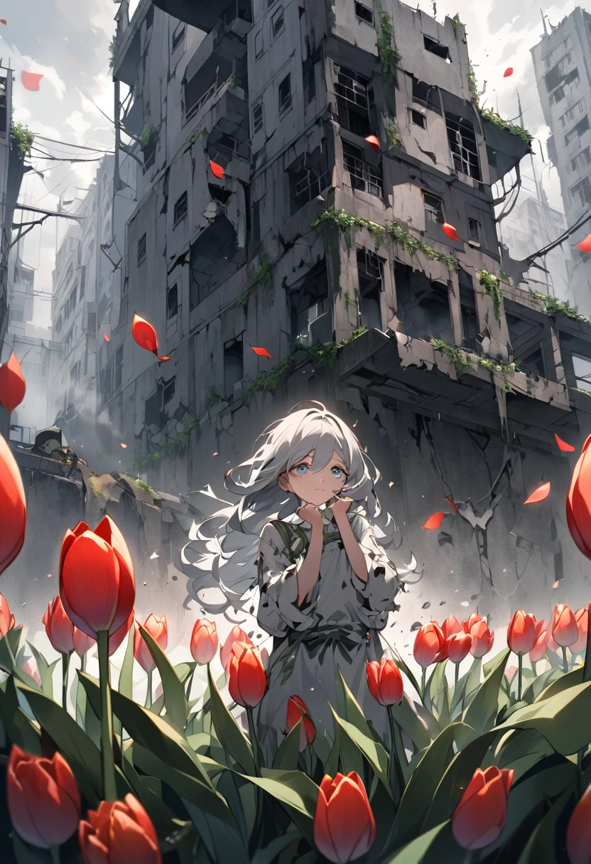Closeup of a Young woman trying to touch a tulip flower, detailed face, detailed eyes, detailed lips, Create a dystopian landscape scene featuring a desolate, crumbling cityscape under a perpetually overcast sky. The air is thick with dust, and the skeletal remains of buildings dominate the background. In the foreground, a single vibrant tulip plant with one delicate flower grows from the crevice of a damaged building, standing out in striking contrast against the gray environment.A young girl in tattered clothing stands before the tulip, her face a mix of sadness, happiness, and surprise. Her wide, wonder-filled eyes reflect the bright color of the flower. She reaches out with trembling fingers, cautiously attempting to touch the petals. The overall atmosphere should evoke a sense of hope and despair, highlighting the beauty and fragility of life in a broken world
