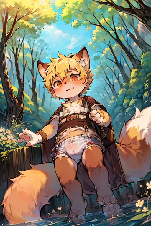 masterpiece,high quality,abstract res,number\(artwork\), From dagasi, Yes,Seizan,(Flower Charcoalo,Fluffy fur,character focus:1.1),Flower Charcoalo male cat,short hair,portrait , Bright eyes, panoramic, character focus.(Detailed background:0.7), 独奏, hairy, hairy male, Male focus, Masterpiece of time,high quality,abstract res,number\(artwork\), From dagasi, Yes,Seizan,(Flower Charcoalo,Fluffy fur,character focus:1.1),Human male fox,Bright eyes, panoramic, character focus.(Detailed background:0.6), 独奏, hairy, hairy male, Male focus, Flower Charcoal,(Hairy all over, Hairy tail)fur,A five-year-old boy,cute,Hip bulge,Toddler,Blood-red pupils,A tail with a white tip,The ends of the limbs are white,Cute meat pads,Claw,cute boys,The ear tips are orange,Big hairy ears,Hairy big tail,Reasonable composition,Pale yellow hair,adventurer clothing,Brown cloth bag,In the woods,Extremely fine water,diaper,Slightly reddened,Dress coolly,Blonde short hair,Thin children,Blonde hair,cute child,cute little adventurer,Be open-minded,Ultra-clear。