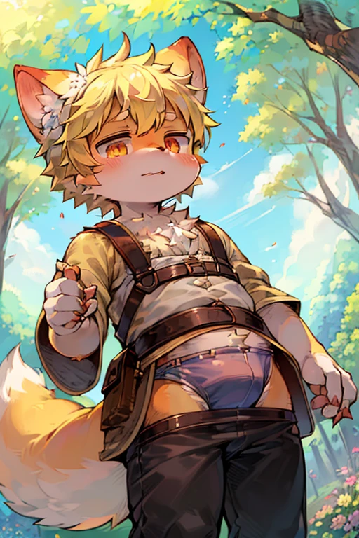 masterpiece,high quality,abstract res,number\(artwork\), From dagasi, Yes,Seizan,(Flower Charcoalo,Fluffy fur,character focus:1.1),Flower Charcoalo male cat,short hair,portrait , Bright eyes, panoramic, character focus.(Detailed background:0.7), 独奏, hairy, hairy male, Male focus, Masterpiece of time,high quality,abstract res,number\(artwork\), From dagasi, Yes,Seizan,(Flower Charcoalo,Fluffy fur,character focus:1.1),Human male fox,Bright eyes, panoramic, character focus.(Detailed background:0.6), 独奏, hairy, hairy male, Male focus, Flower Charcoal,(Hairy all over, Hairy tail)fur,A five-year-old boy,cute,Hip bulge,Toddler,Blood-red pupils,A tail with a white tip,The ends of the limbs are white,Cute meat pads,Claw,cute boys,The ear tips are orange,Big hairy ears,Hairy big tail,Reasonable composition,Pale yellow hair,adventurer clothing,Brown cloth bag,In the woods,Extremely fine water,diaper,Slightly reddened,Dress coolly,Blonde short hair,Thin children,Blonde hair,cute child,cute little adventurer,Be open-minded,Ultra-clear。