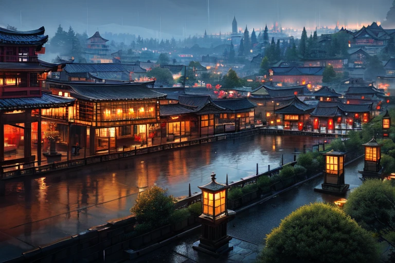 View of the village with lots of lights on the buildings, A dreamy Chinese town, Chinese Village, amazing wallpaper, Japanese city, Japanese village, гиперреалистичная photo города, Old Asian Village, Japanese city, ot Raymond Hana, rainy evening, Cyberpunk Chinese ancient castle, Beautifully lit buildings, in the evening when it rains, beautiful and aesthetically pleasing, photo, cinematic, 8 K, high detail ((shower)))