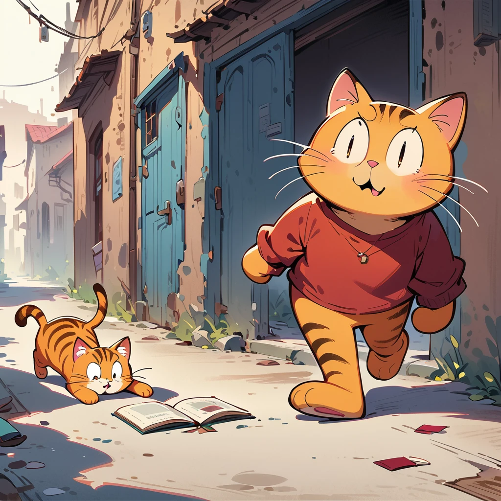 masterpiece, best quality, high resolution, concept art, a children's book illustration, Garfield cat, standing, vibrant colors, warm tones, cinematic composition