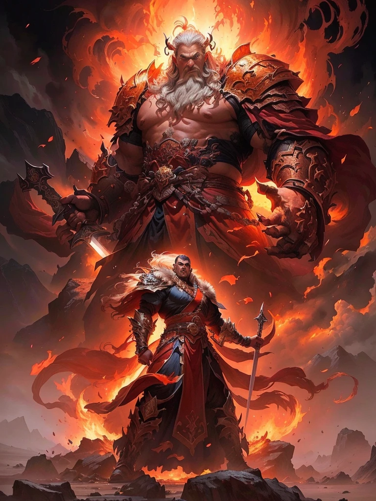 A painting,A man holding a sword,With a mountain demon, Fire Giant, Jeff Easley 和 Ross Tran, author:Yang J, Epic fantasy illustrations, Ruler of hell, James Gurney 和 Andreas Rocha, muscled humanoid Balrog demon, author Ryan Yee, epic fantasy artwork, Balrog, author:Alexi Brillot, author:Yang Jin