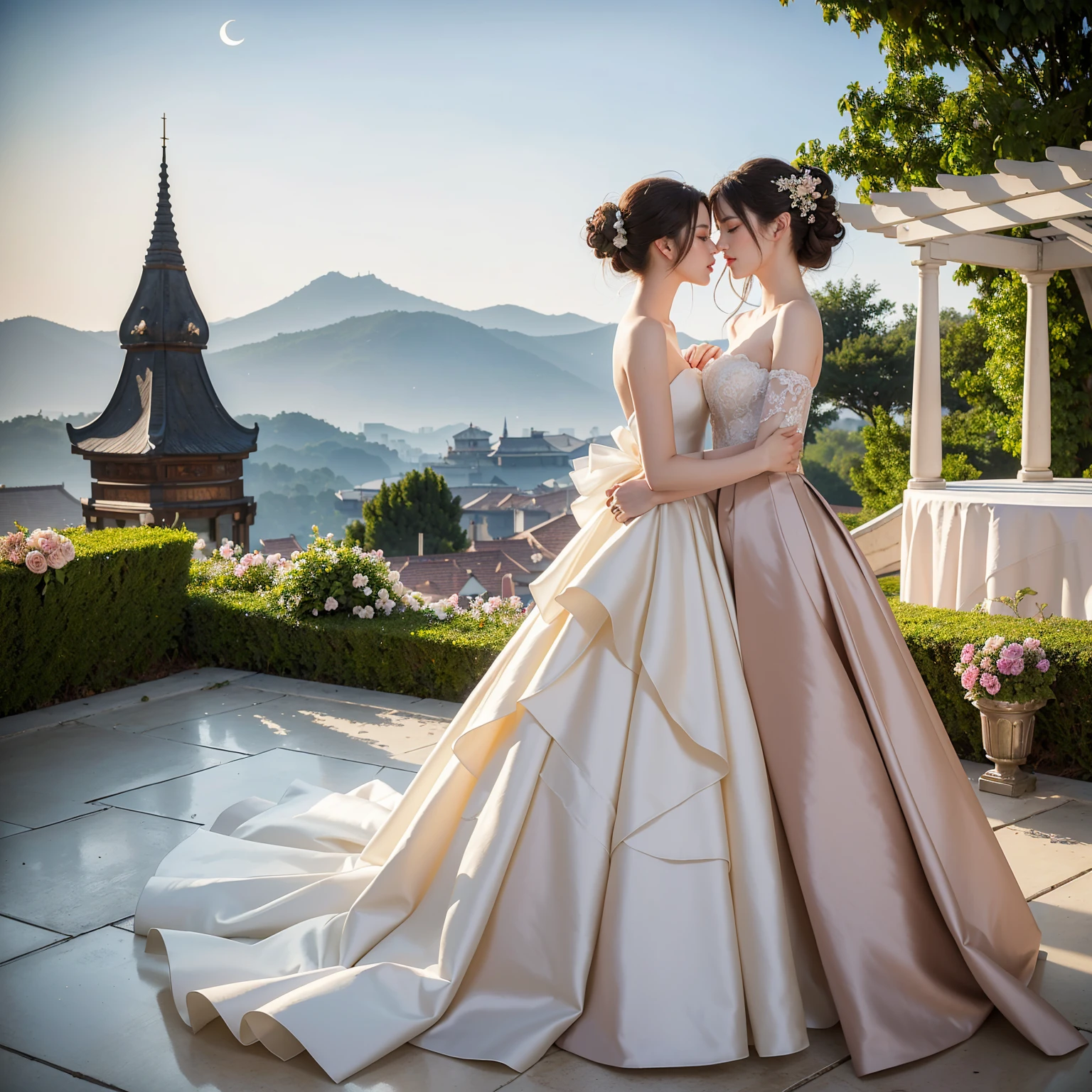 (masterpiece, highest quality, official art, beauty and aesthetics:1.5), perfect anatomy, two stunning brides are deeply in love with each other, both lying on a large white satin bed, kiss, Romantic atmosphere, flower and moon, magnificent panoramic view on a large terrace