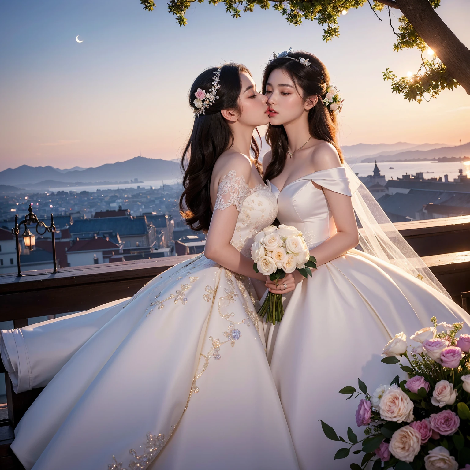 (masterpiece, highest quality, official art, beauty and aesthetics:1.5), perfect anatomy, two stunning brides are deeply in love with each other, both lying on a large white satin bed, kiss, Romantic atmosphere, flower and moon, magnificent panoramic view on a large terrace