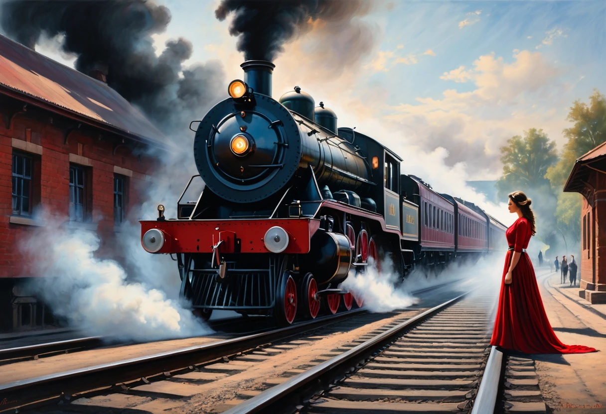 Pastel, drawing with dry chalk, dramatic scene at an old railway station, where a steam locomotive approaches a young woman lying on the tracks in front of the locomotive. The woman is dressed in a long dark dress with a red belt and looks distressed, holding out her hand as if seeking help. The train, an old steam engine with a classic design, releases thick smoke as it moves forward. The atmosphere is tense and dramatic, with muted, nostalgic colours. The style is intended to evoke a sense of old-fashioned historical drama, capturing the intensity and emotion of the moment.