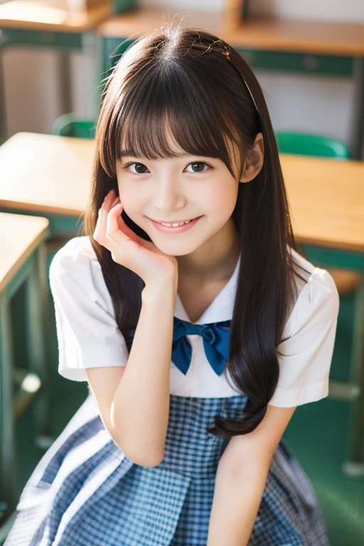 (((masterpiece))), (((Full body photo,Full-body display)))， (Beautiful Japanese Girl, Innocence，cute) ，Ultra-high resolution, Realistic, Ultra-detailed, 8k,Highest quality, Very detailed, Detailed Background,Slender,とてもBeautiful Japanese Girl, Detailed face:1.3), (Fluffy long hair,Black hair tied with a ribbon :1.4), (Baby Face，cute系,Adorable 12 year old girl), (Perfect body:1.1),，Cute Smile:、show me your beautiful teeth、非常にDetailed face、Detailed lips、Detailed eyes、 gravure idol，Clear Skin、Realistic:1.37，No makeup，Neutral lighting,(Highest quality, masterpiece), (One girl, school uniform,Navy blue dress,Neck ribbon,View your viewers, Mouth closed,),Pose to be pampered,In the classroom，Bright lighting