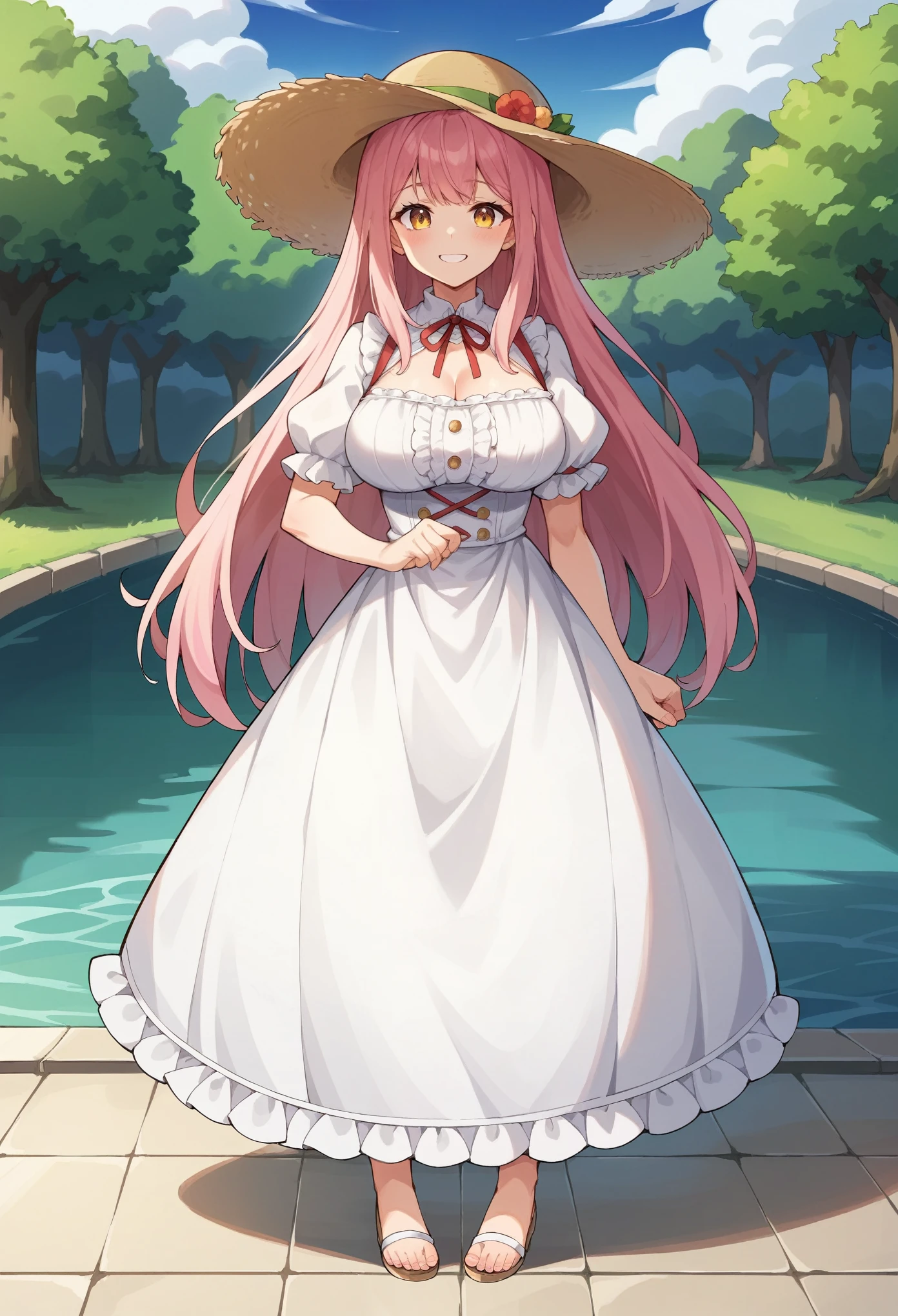 (masterpiece:1.2, Highest quality),(anime), The photo shows her from the knees up.,17-year-old girl,daughter,Golden Eyes,Tree Eyes,smile,Very light pink hair,Bangs are the same length from end to end,No gaps in the front hair,Cropped bangs,Half-up at the back,Long Hair,Quite large breasts,wide brim hat,White ruffled dress,Low exposure,Western city,River side,Hold out one hand