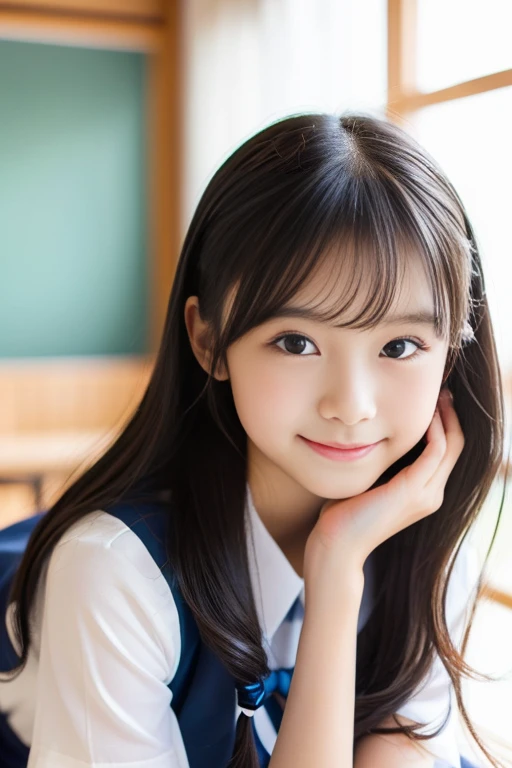 (((masterpiece))), (((Full body photo,Full-body display)))， (Beautiful Japanese Girl, Innocence，cute) ，Ultra-high resolution, Realistic, Ultra-detailed, 8k,Highest quality, Very detailed, Detailed Background,Slender,とてもBeautiful Japanese Girl, Detailed face:1.3), (Fluffy long hair,Black hair tied with a ribbon :1.4), (Baby Face，cute系,Adorable 12 year old girl), (Perfect body:1.1),，Cute Smile:、show me your beautiful teeth、非常にDetailed face、Detailed lips、Detailed eyes、 gravure idol，Clear Skin、Realistic:1.37，No makeup，Neutral lighting,(Highest quality, masterpiece), (One girl, school uniform,Navy blue dress,Neck ribbon,View your viewers, Mouth closed,),Pose to be pampered,In the classroom，Bright lighting