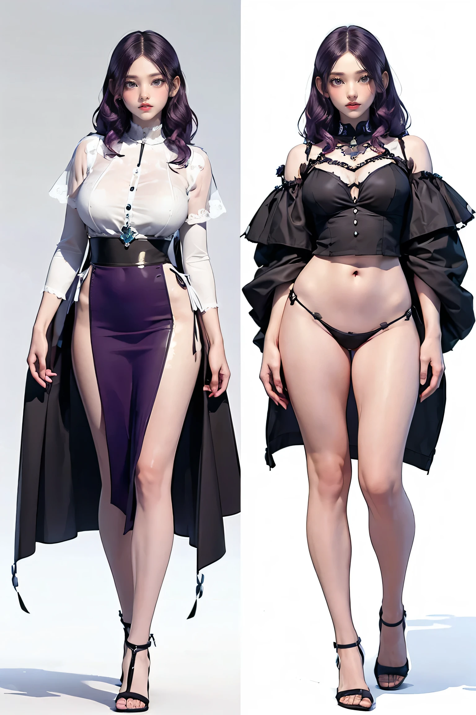 Masters of Animation, A perfect masterpiece, On a snow-white background、Cool outfits, Sexy and modern clothing、Sexy mature modern woman standing, Flowing purple hair, Spanish Curly Hair, Full Body Stand Posture, Thin legs, ((Large Breasts)), Detailed facial details, Natural and beautiful standing posture, Crisp and realistic body detail,(NSFW:0.9)