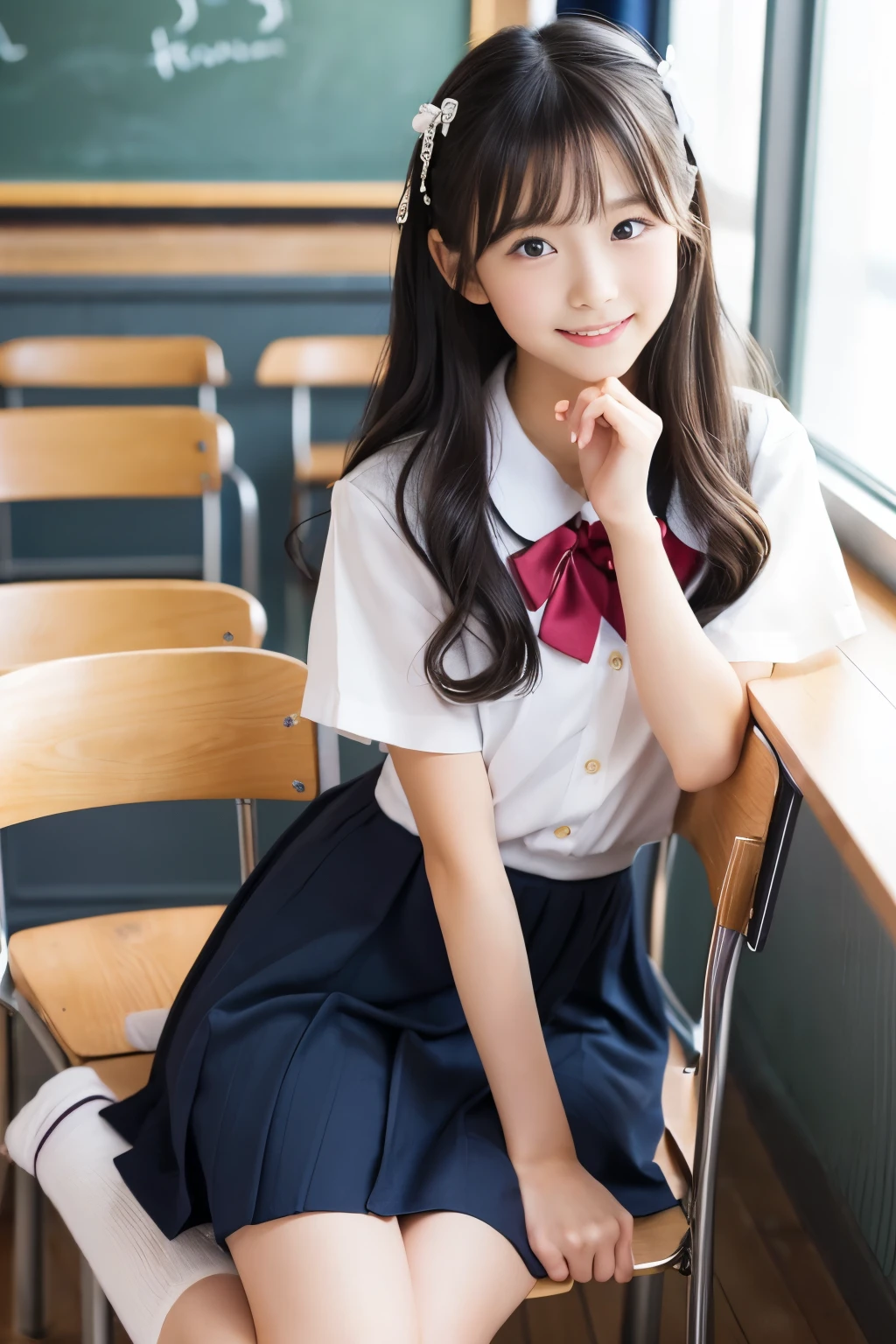 (((masterpiece))), (((Full body photo,Full-body display)))， (Beautiful Japanese Girl, Innocence，cute) ，Ultra-high resolution, Realistic, Ultra-detailed, 8k,Highest quality, Very detailed, Detailed Background,Slender,とてもBeautiful Japanese Girl, Detailed face:1.3), (Fluffy long hair,Black hair tied with a ribbon :1.4), (Baby Face，cute系,Adorable 12 year old girl), (Perfect body:1.1),，Cute Smile:、show me your beautiful teeth、非常にDetailed face、Detailed lips、Detailed eyes、 gravure idol，Clear Skin、Realistic:1.37，No makeup，Neutral lighting,(Highest quality, masterpiece), (One girl, school uniform,Navy blue dress,Neck ribbon,View your viewers, Mouth closed,),Pose to be pampered,In the classroom，Bright lighting