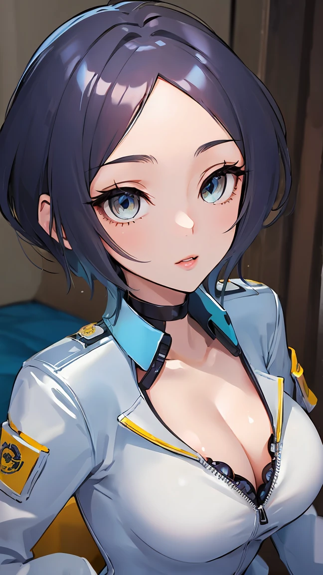 hayami kanade, idolmaster cinderella girls, in bedroom, 1girl, solo, full body, short hair, parted bangs, yellow eyes, ?????????????,
BREAK ((white pilot suit:1.5)) 
BREAK poses in a miniskirt, and unbuttoned blouse, very ???? , (cleavage in V:1.3),
BREAK (masterpiece:1.2), best quality, high resolution, unity 8k wallpaper, (illustration:0.8), (beautiful detailed eyes:1.6), extremely detailed face, perfect lighting, extremely detailed CG, (perfect hands, perfect ???????),