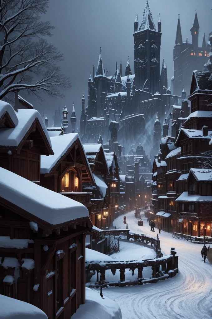The snow-covered city, dark fantasy, blood, Middle Ages