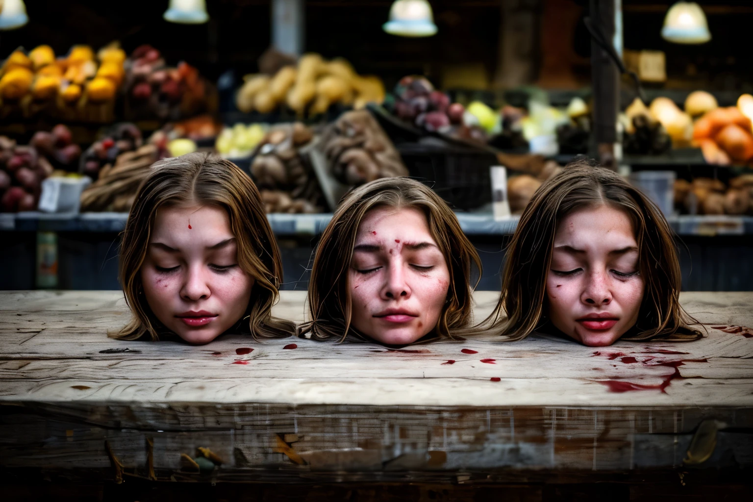 Several decapitated heads of girls, on a table, in a public market, full of blood, ((eyes closed)), bleeding, photorealistic, 4K, Nikon, horror, public market