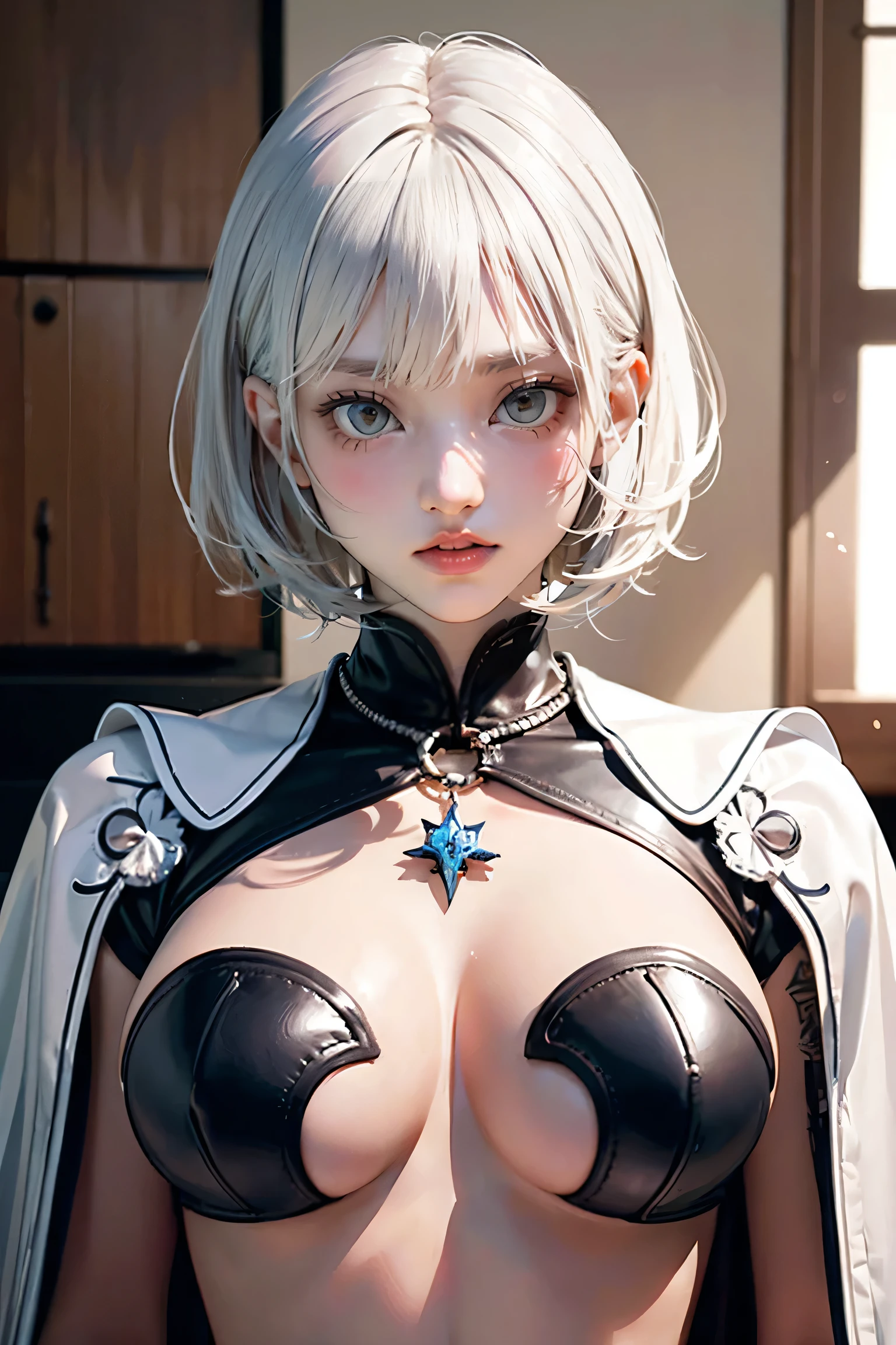 ((Close-up of a woman with tattoos on her chest)), girl, ((Short white hair with bangs, Black strands of hair)), Purple eyes, White T-shirt and white cape, Pendant around the neck. 超High resolution.Photorealistic. 超High resolution.Photorealistic:1.4,超High resolution. Realistic，High resolutionで, masterpiece, Highest quality, Very detailed, Better Shadows, Volumetric lighting), super high quality, High resolution, 8k, Ultra-Realistic Portraits , Photorealistic, Dynamic Lighting, Volumetric lighting, Very detailed顔,(NSFW:1.2),Large Breasts