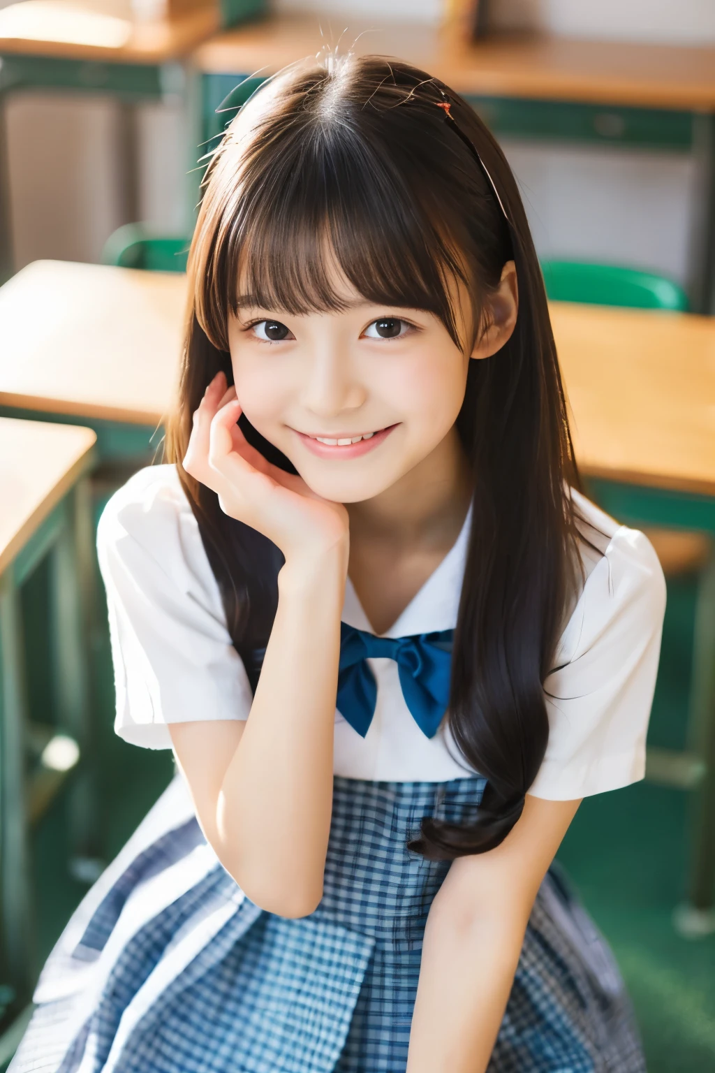(((masterpiece))), (((Full body photo,Full-body display)))， (Beautiful Japanese Girl, Innocence，cute) ，Ultra-high resolution, Realistic, Ultra-detailed, 8k,Highest quality, Very detailed, Detailed Background,Slender,とてもBeautiful Japanese Girl, Detailed face:1.3), (Fluffy long hair,Black hair tied with a ribbon :1.4), (Baby Face，cute系,Adorable 12 year old girl), (Perfect body:1.1),，Cute Smile:、show me your beautiful teeth、非常にDetailed face、Detailed lips、Detailed eyes、 gravure idol，Clear Skin、Realistic:1.37，No makeup，Neutral lighting,(Highest quality, masterpiece), (One girl, school uniform,Navy blue dress,Neck ribbon,View your viewers, Mouth closed,),Pose to be pampered,In the classroom，Bright lighting