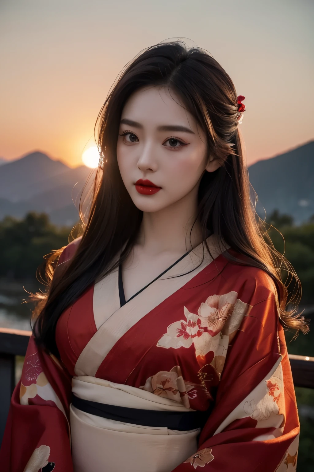 1 female、(super beautiful)、(Beautiful and sad face:1.5)、(detailed face:1.4)、Early 30s、(red pattern on black kimono:1.3)、(Wearing heavy makeup)、(red lips:1.3)、brown hair、(Just after sunset:1.2)、(The sky changes from sunset to night:1.3)、(Backlight)、If someone takes you、I want to kill you、Joren Falls、I want to see you even if I pass through the dazzling flames、Mountain. Gancheng、unforgivable love